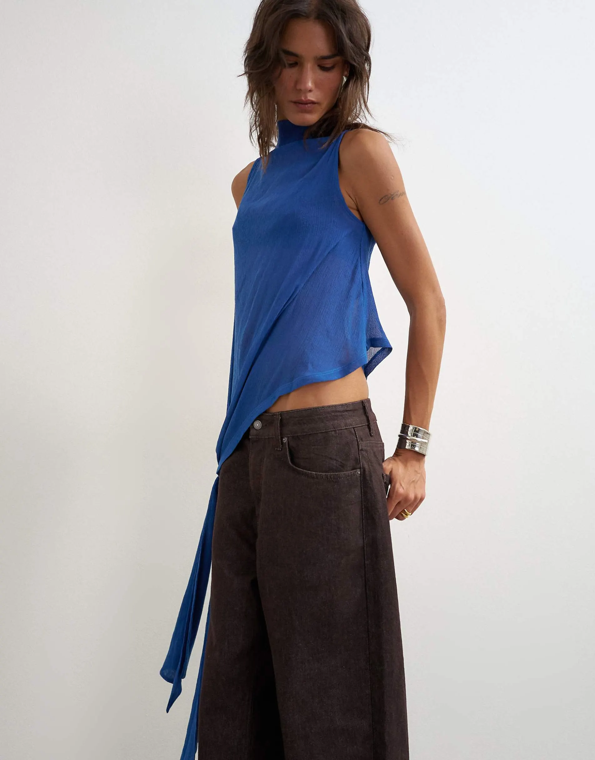 Topshop cowl neck tie knot drape top in colbalt blue