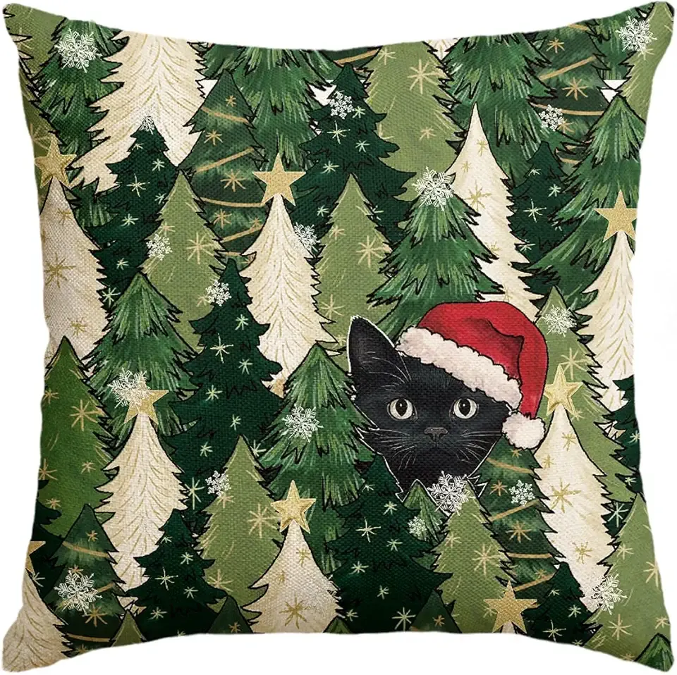 AVOIN colorlife Christmas Trees Stars Black Cat Throw Pillow Cover, 18 x 18 Inch Snowflake Seasonal Winter Holiday Green Cushion Case Decoration for Sofa Couch