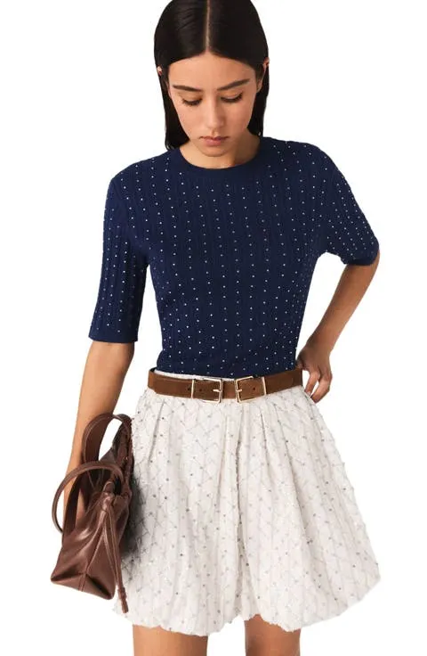 Round-neck rhinestone sweater