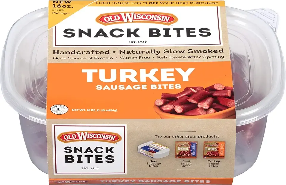 Old Wisconsin Turkey Sausage Snack Bites, Naturally Smoked, Ready to Eat, High Protein, Low Carb, Keto, Gluten Free, 16 Ounce Resealable Tub with Two Stay-Fresh 8 Ounce Packs