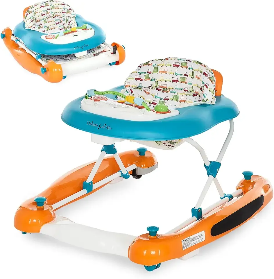 Dream On Me Go-Getter Baby Walker with Rear Push Handle,Easy to Fold,Orange | 2-in-1 Activity Walker and Walk-Behind, Baby Walkers 3 Height Adjustments, Machine-Washable Seat Pad, Detachable Fun Tray