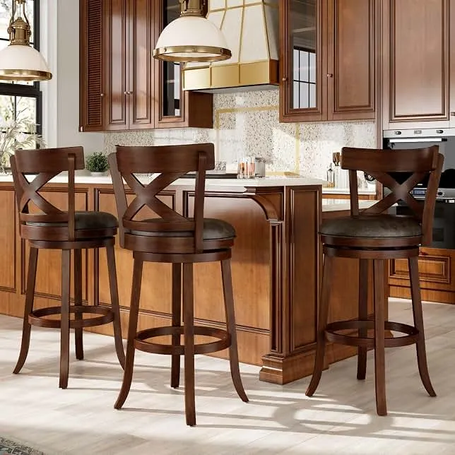 Sophia & William Swivel Bar Stools Set of 3, 30 Inch Bar Height Barstools with Cross Back & Solid Wood Legs,Faux Leather Kitchen Stools