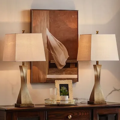 Shally 27-in Antique Gold 3-way Table Lamp with Linen Shade 2 -Set