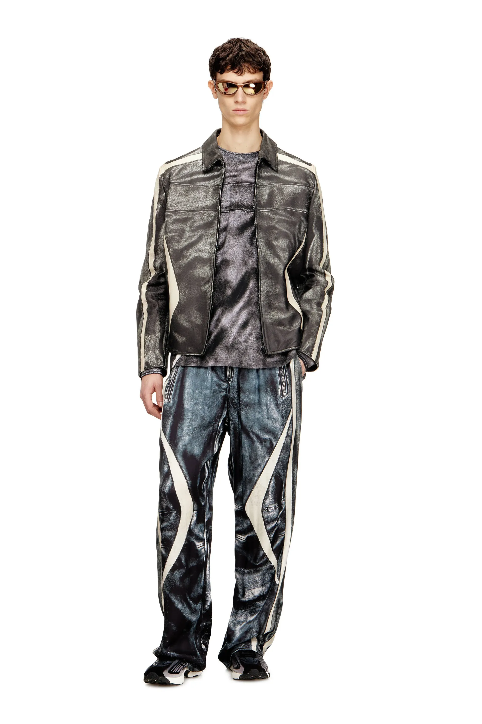 Leather coach jacket with biker print