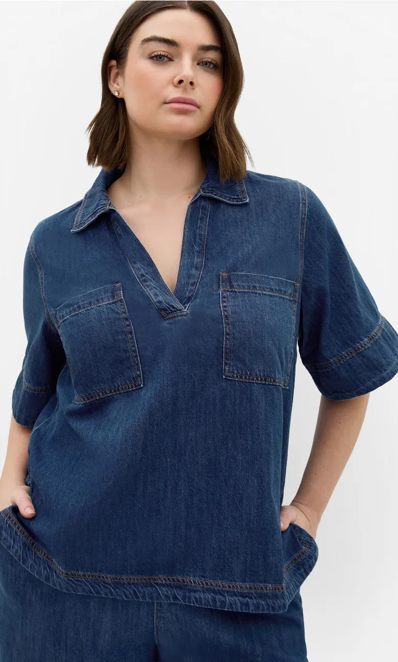 Tiana Pocket Cotton Denim Top - light wash