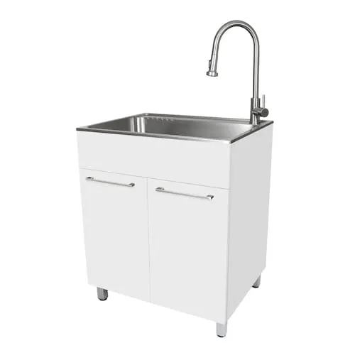 28 in. W x 22 in. D x 33.8 in. H Stainless Steel Utility Sink, Pull-Down Faucet and Cabinet in White