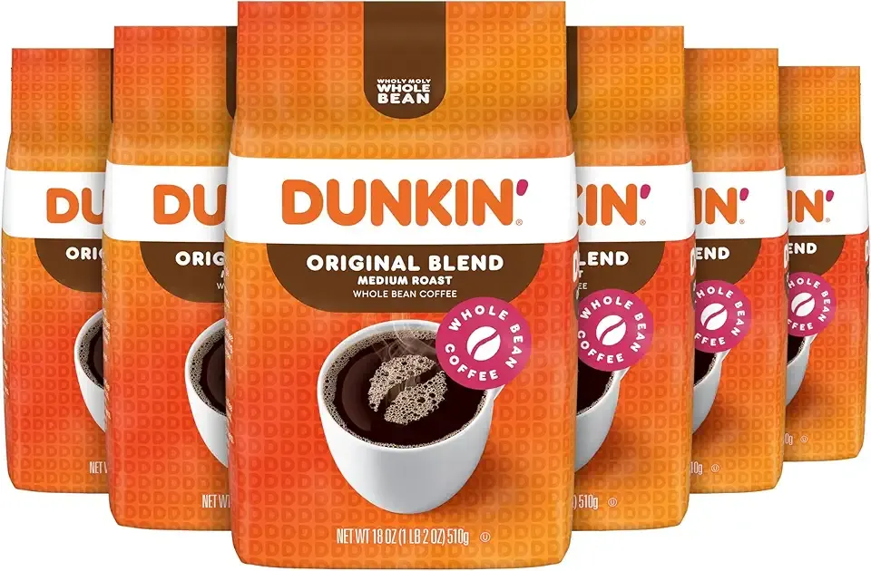 Dunkin' Original Blend Medium Roast Whole Bean Coffee, 18 Ounce (Pack of 6)