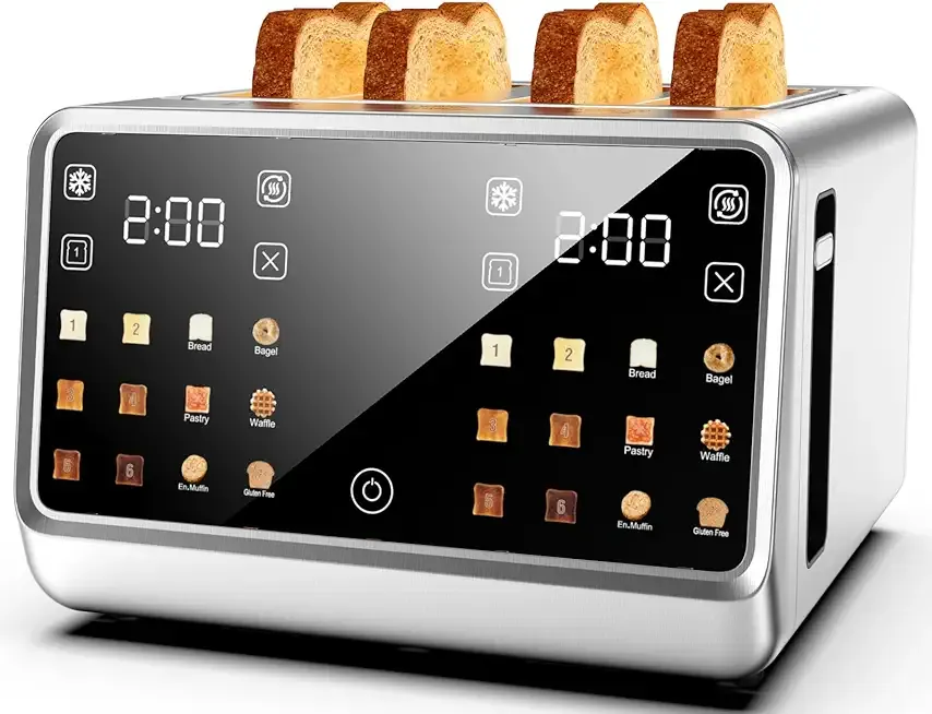 Smart Toaster 4 Slice Wide Slot– Dual Digital TouchScreen & Independent Control for Family | 1800W Stainless Steel for 6 Bread Types & Toast Settings | Defrost Reheat & Single-Slice Modes