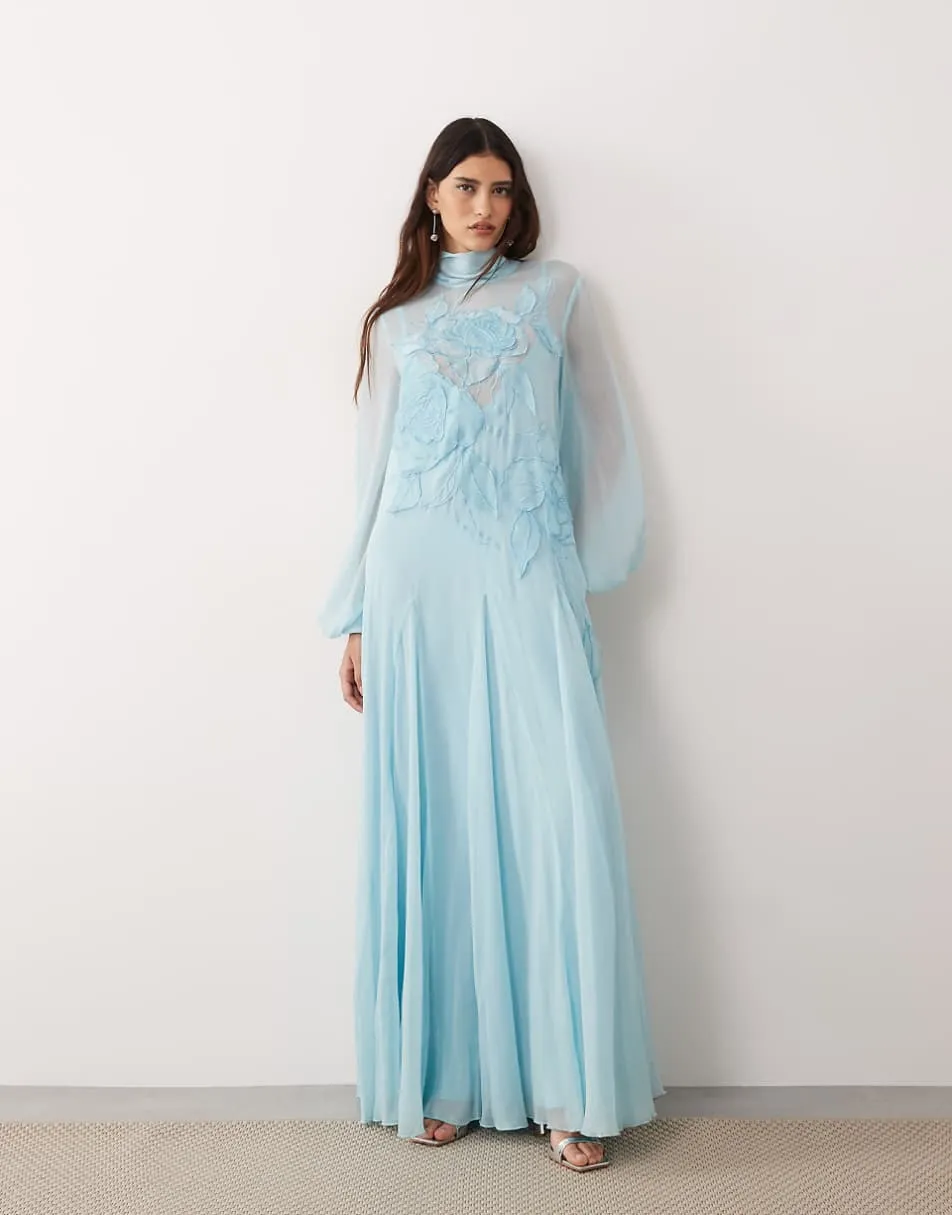 ARRANGE applique floral tie neck blouson sleeve trapeze maxi dress in blue
