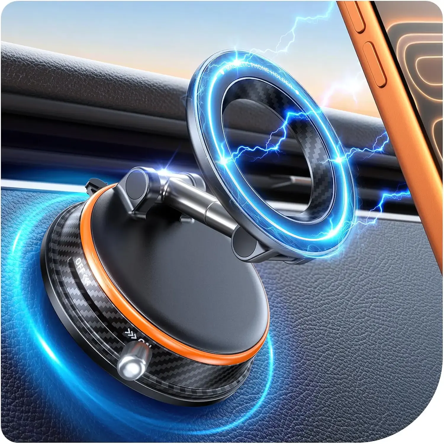 Upgraded Car Phone Holder for Magsafe [108+LBS Strongest Suction & 3000gf Magnetic] Vacuum Magnetic Phone Holders for Your Car 360° Adjustable Car Phone Mount for iPhone & Android Orange