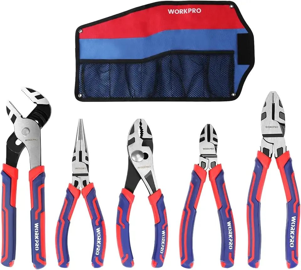WORKPRO Pliers Set, Premium Cr-V Construction, Includes 6 Inch Slip Joint, Long Nose, Diagonal Cutting, 8 Inch Groove Joint, 7 Inch Linesman and Storage Pouch, for Basic Repair