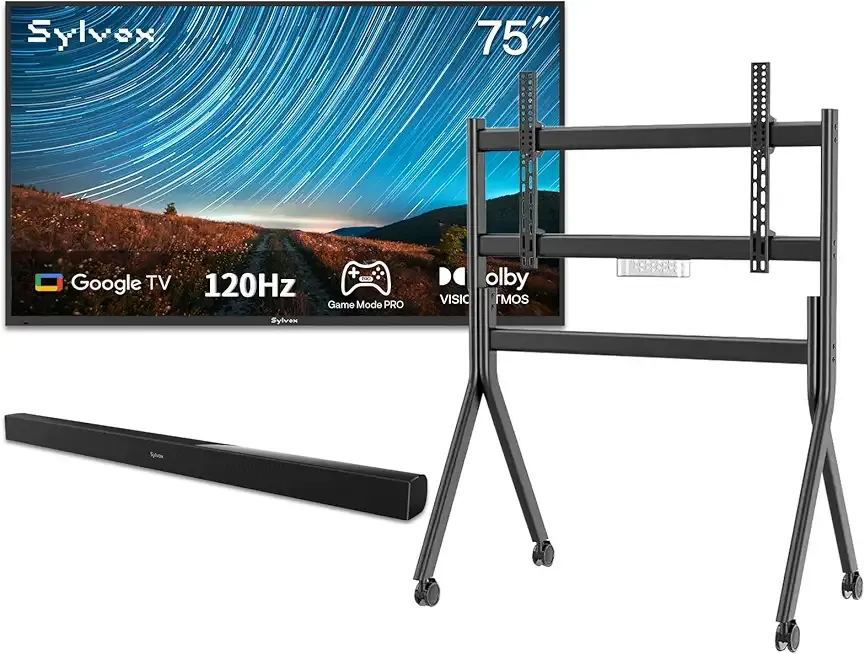 SYLVOX Outdoor TV with Rolling Stand & Soundbar, 75 inch 120Hz 4K Smart TVs, Weatherproof & IP55 Waterproof, Compatible with Google & Dolby Atmos, HDMI 2.1 & USB 3.0, 1000 Nits Outside TV for Gaming