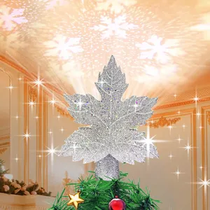 Adorno para la copa del árbol de Navidad con proyector LED de copos de nieve integrado, decoración navideña con hojas brillantes 3D, adorno navideño