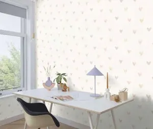 Carta da parati cuoricini delicati rosa rosa, crema, 53 cm x 10.05 m