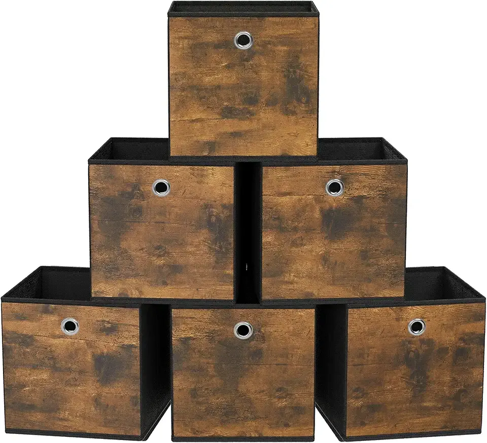 Storage Cubes, Set of 6 Storage Bins with Handles, Foldable Oxford Fabric and Non-Woven Fabric Storage Boxes, 10.2x10.2x11 Inches, Fit Cube Storage Unit, Rustic Brown URFB126B01