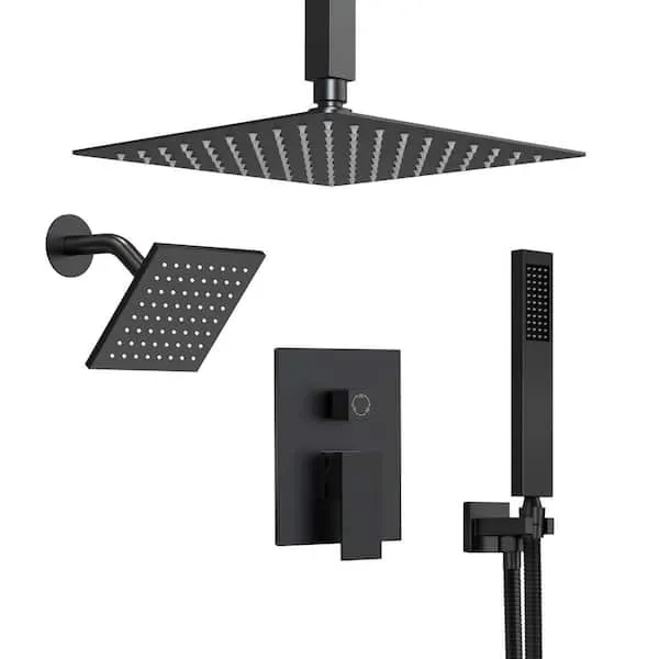 GRANDJOY 10 and 6 in.​ Dual Square Shower Heads Double Handle 3-​Spray Tub and Shower Faucet 2.​5 GPM in.​ Matte Black Valve Included
