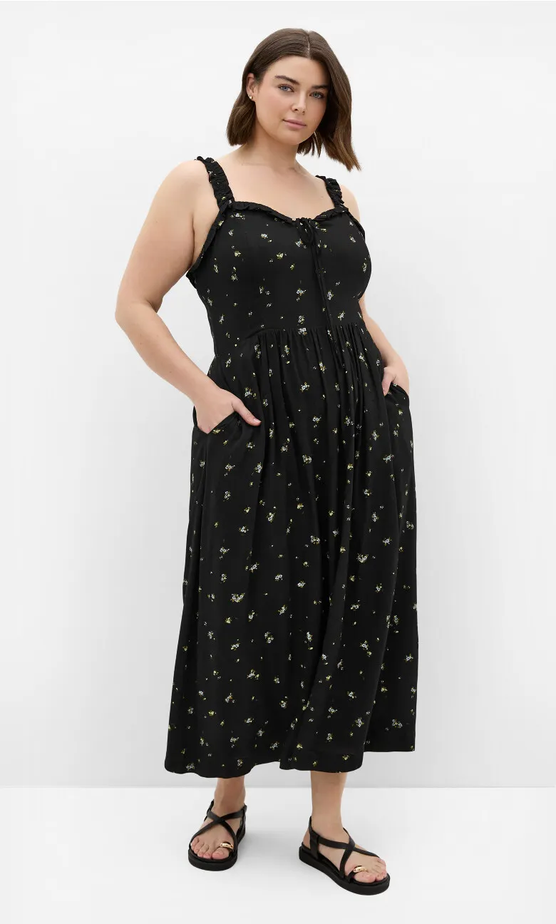 Gracy Rosy Print Midi Dress - black