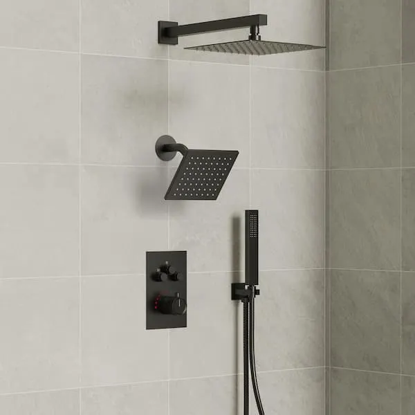 EVERSTEIN 6 in. and 7-Spray 12 in. Thermostatic Wall Bar Shower Systems with Handheld 2.5 GPM in Matte Black(Valve Included)
