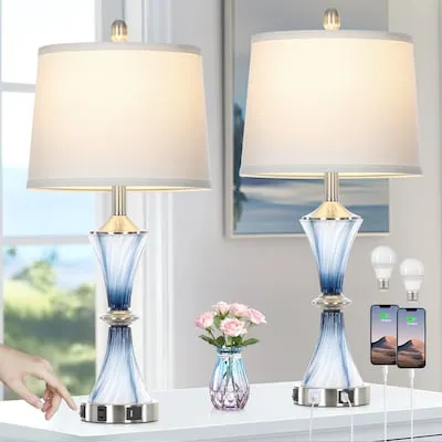22-in Distressed Blue LED Rotary socket Table Lamp with Linen Shade 2 -Set