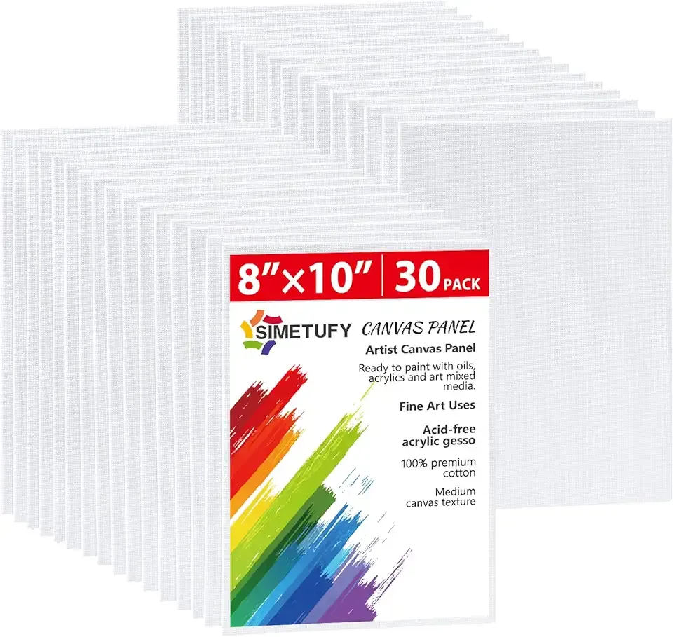 Simetufy 30 Pack 8x10 Inch Painting Canvas, Blank Cotton Canvas Panels Bulk Value Pack for Party, Acrylics Oil Watercolor Tempera Paints