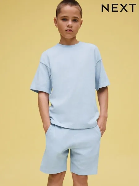 Light Blue Textured Short Sleeve T-Shirt and Shorts Set (3-16yrs)