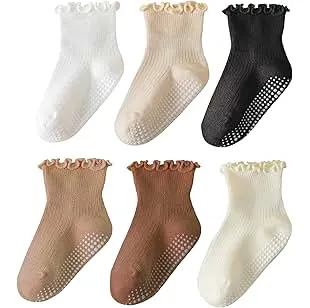 ANYANIME 6 Pairs Toddler Ruffle Socks for Girls Baby Grip Socks Non Slip Socks Cute Grippy Frilly