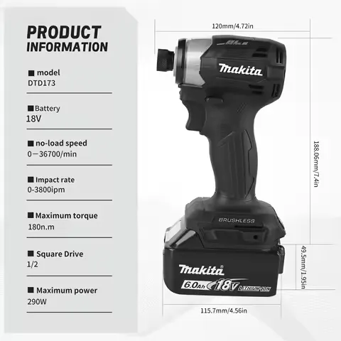 Makita 18V Cordless Impact Driver LXT BL Brushless Motor Electric Drill Wood/Bolt/T-Mode 180 N·M Rechargeable Power Tools DTD173