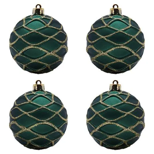 Enchanted Forest® 80mm Dark Green Glittered Swirl Shatterproof Ornaments - 4 Pack