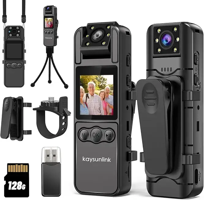 kaysunlink 4K 128GB Body Camera with 1.4” Screen Audio and Auto Video Night Vision Mini Police Wearable Body Worn Cam Portable Small Personal Camcorder Sport Action Outdoor Video Recorder (4K-128GB)