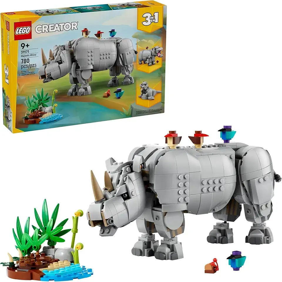 Creator 3 in 1 Wild Animals: Majestic Rhino with Birds Building Toys for Kids - Safari Pretend Play Toys for Girls & Boys, Ages 9+ - Gift for Christmas - 31171