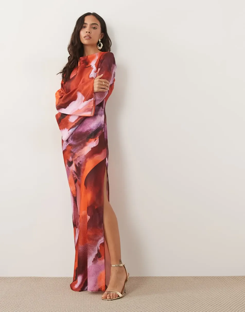 ASOS DESIGN satin maxi dress with flute sleeves in marble pink print