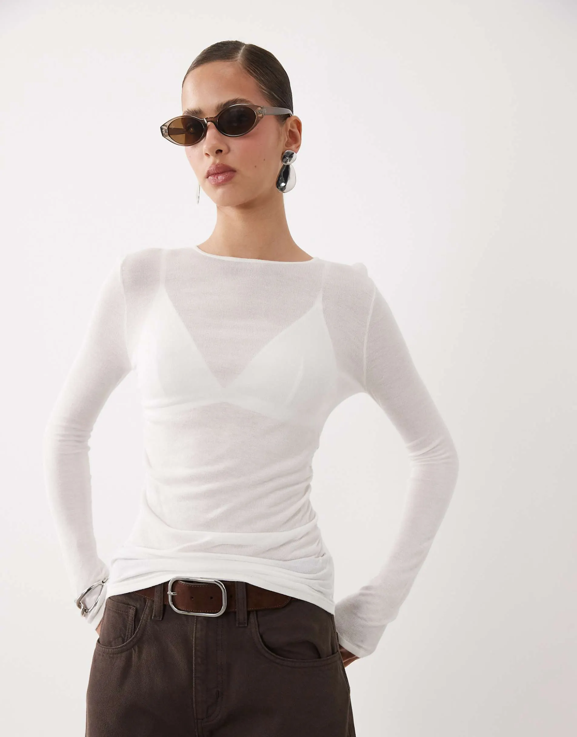 ASOS DESIGN sheer knitted soft touch ruched side top in cream
