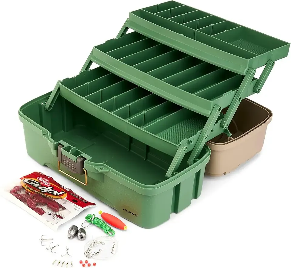 Plano Three-Tray Tackle Box Catfish Kit, Green/Tan, Rust-Proof Brass Latch, Top-Access Tray Compartments with Deep Storage, Made in the USA, Portable Fishing Gear Storage Organizer