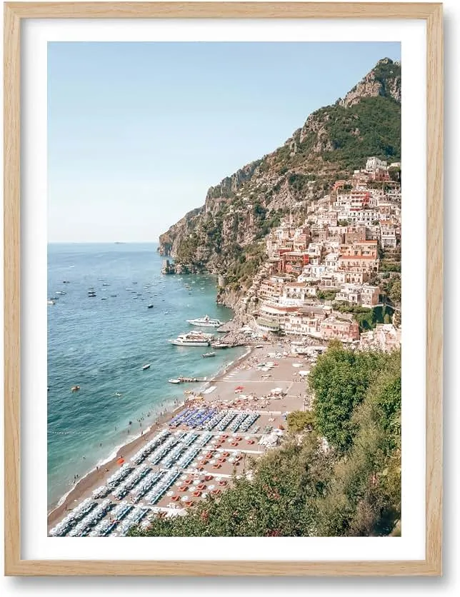 HesenDot 12x16IN Amalfi Coast Framed Wall Art Positano Canvas, 1Pack | Natural OAK Wood Frame with Acrylic Glass, Mediterranean C…