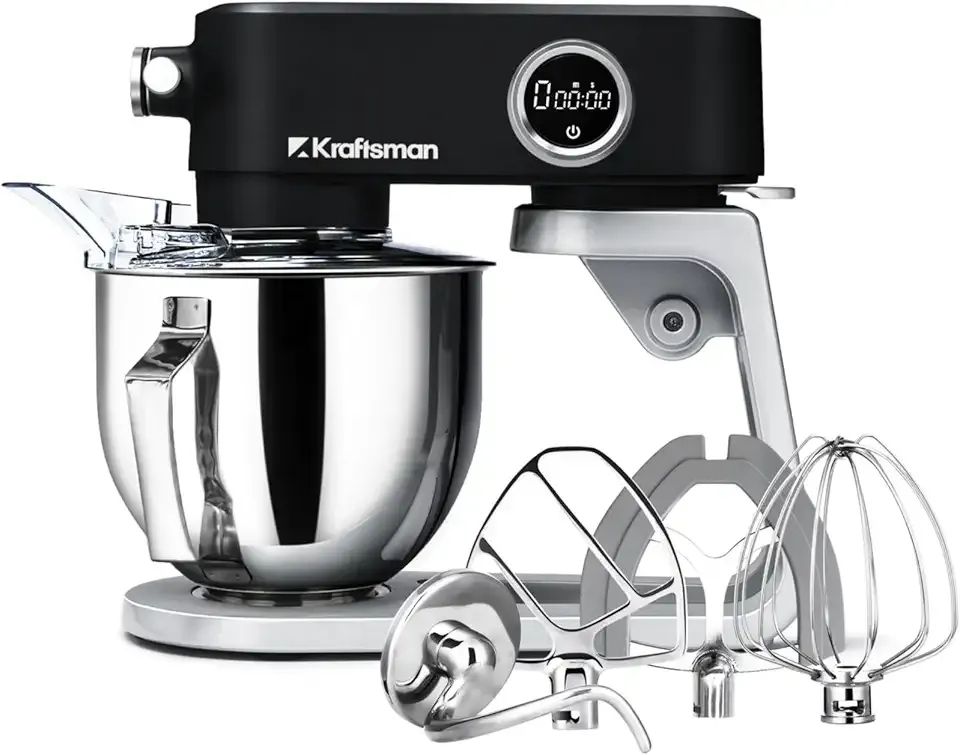 All Metal Stand Mixer 5.3 Quart with 4 Stainless Steel Attachments, Heavy Duty Dough Mixer with DC Motor, Lower Noise, Verstile Mixer with Power Hub, 8-Speed & Timer (Black)