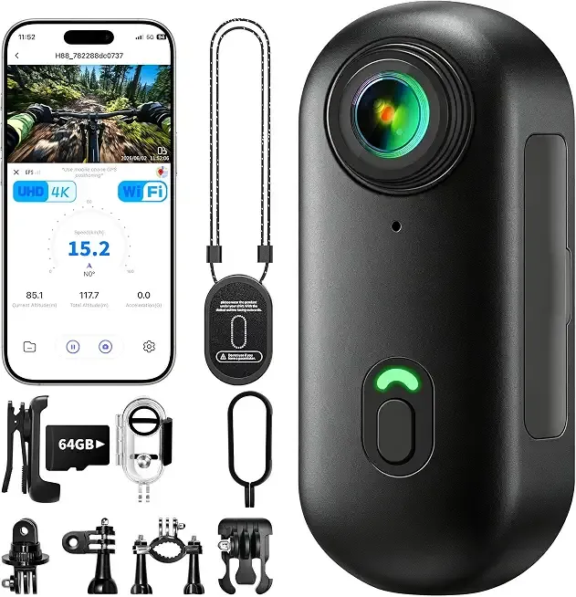 4K Mini Body Camera, Wearable Action Body Cam, Sports Action Camera Thumb Size Hands-Free Recording Body Worn Camera, Portable Camcorder Mount Anywhere for Work, Travel,Fishing (Black, 2 inch)