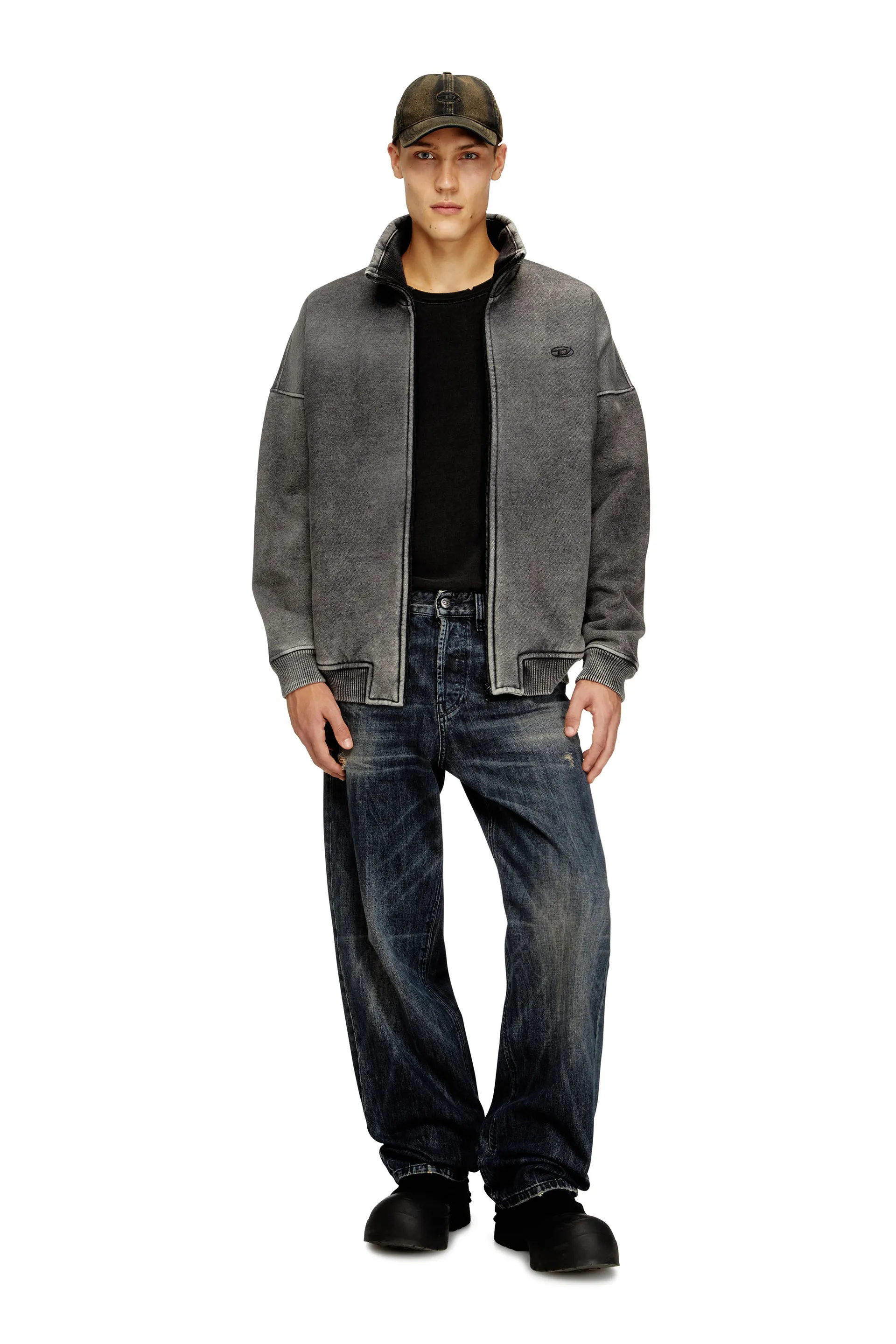 Teddy-lined zip jacket with denim effect