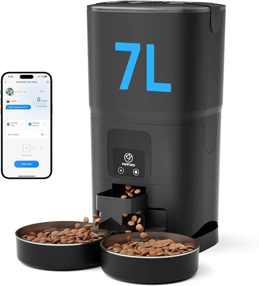 PAPIFEED Automatic Cat Feeder 2 Cats, 2.4G WiFi Cat Food Dispenser with App, 7L Slow Feeder Timed Cat Feeder for Dry Food, 10 Meals/Day, 12 Portions/Meal, Smart Pet Feeder for Small Dog
