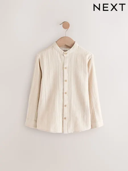 Blue Long Sleeve Grandad Collar Cotton/Linen Mix Texture Shirt (3-16yrs)