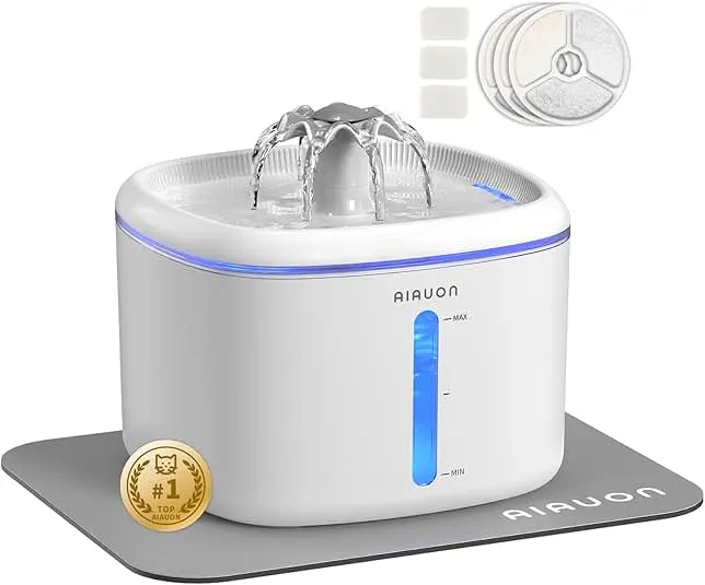 Cat Water Fountain,84oz/2.5L Pet Cat Fountain – Ultra Quiet Upgraded Automatic Pet Water Dispenser with 3 Replaceable Filters, Indoor Cat & Dog Drinking Bowl (with mat)