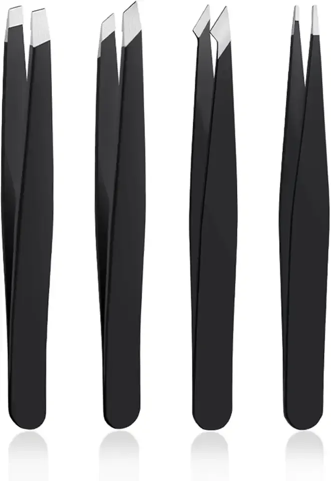 DTDNZKN 4 PCS Stainless Steel Tweezers Set Black | Precision Tweezers for Ingrown Hair, Facial Hair, Splinter, Blackhead and Tick Remover