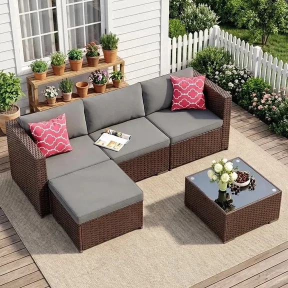 Best seller Patio Furniture Set Clearance - Lofka 5-Piece All Weather PE Wicker Outdoor Conversation Set with Removable Washable Cushions, Tempered Glass Table and Pillows, Gray $189.95 Was $289.99