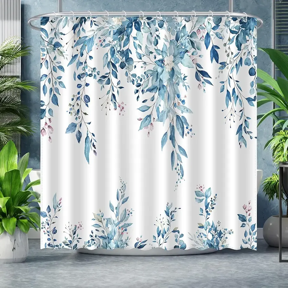ACZHHZC Eucalyptus Leaves Shower Curtain, Aesthetic Art Watercolor Plant Floral Leaf Bathroom Decor, Waterproof Fabric Cloth Bath Curtain Set with Hooks (Blue, 72x72 Inches)