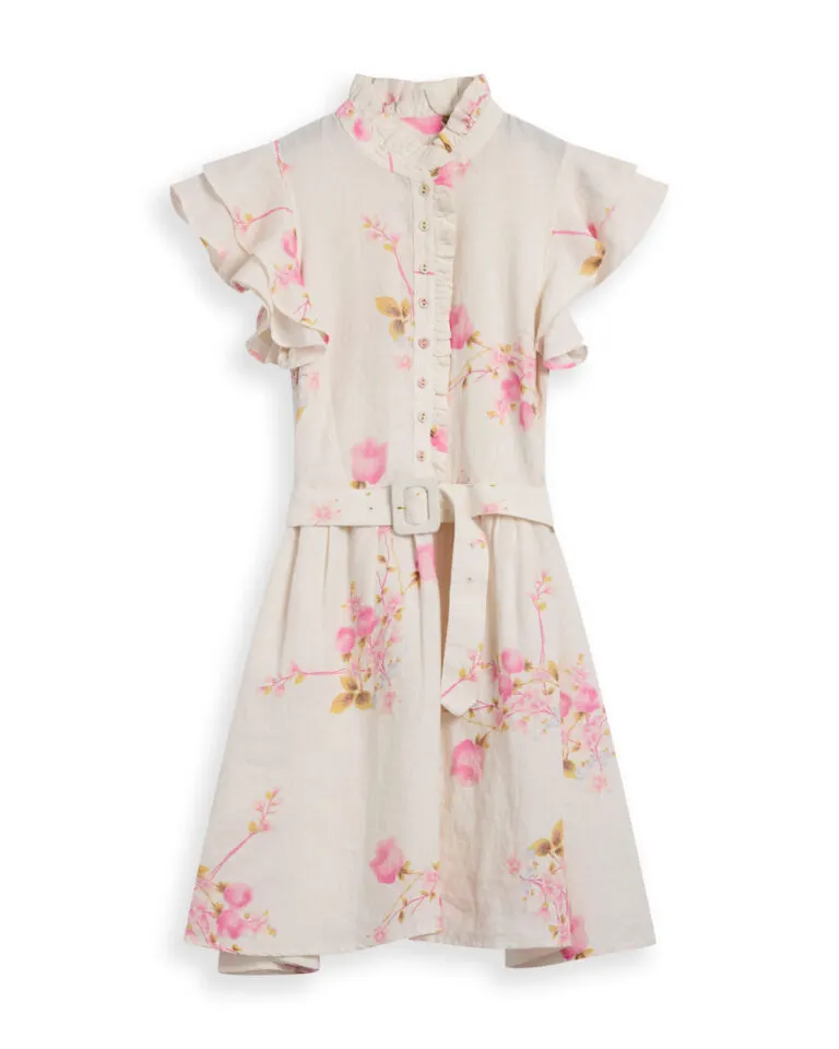 Linen Ruffle Dress - Pink Bloom