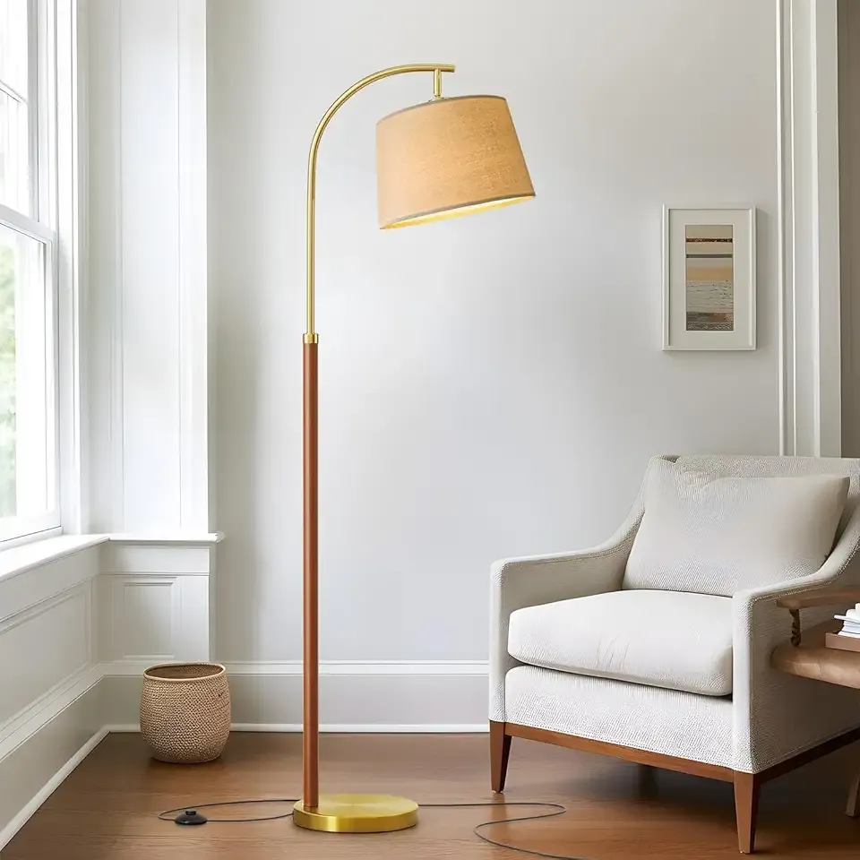 G-SAFAVA Real Wood Floor Lamps for Living Room Bedroom, 62.5" Mid Century Modern Lamp Gold Standing Tall Arc Lamps with Foot Switch, Floor Lamps for Nursery Office Decor Corner Reading Room Light