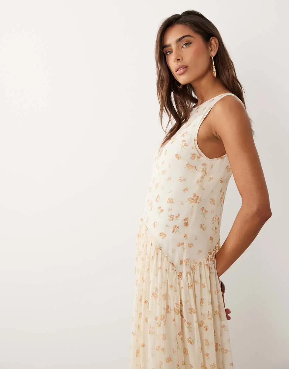 ASOS DESIGN racer neck smock maxi dress in blue and cream floral