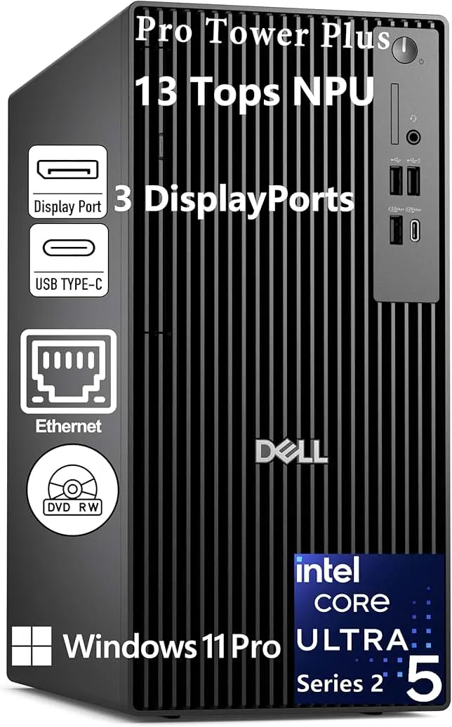 Dell Pro Tower Plus Desktop Computers, Intel 14-Core Ultra 5 235 (13 Tops NPU), 16GB DDR5 RAM, 512GB PCIe SSD, Copilot AI Business PC, DVDRW, 3 DisplayPorts, 2 Type-C, WiFi Adapter, Windows 11 Pro