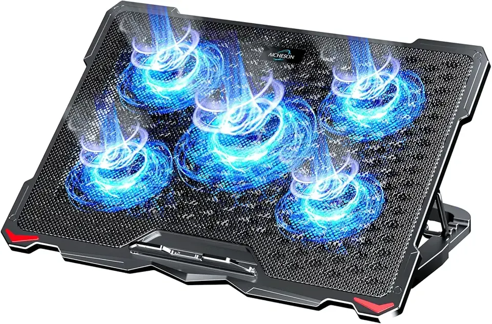 AICHESON Laptop Cooling Pad 5 Fans Up to 17.3 Inch Heavy Notebook Cooler, Blue LED Lights, 2 USB Ports, S035, Blue-5fans