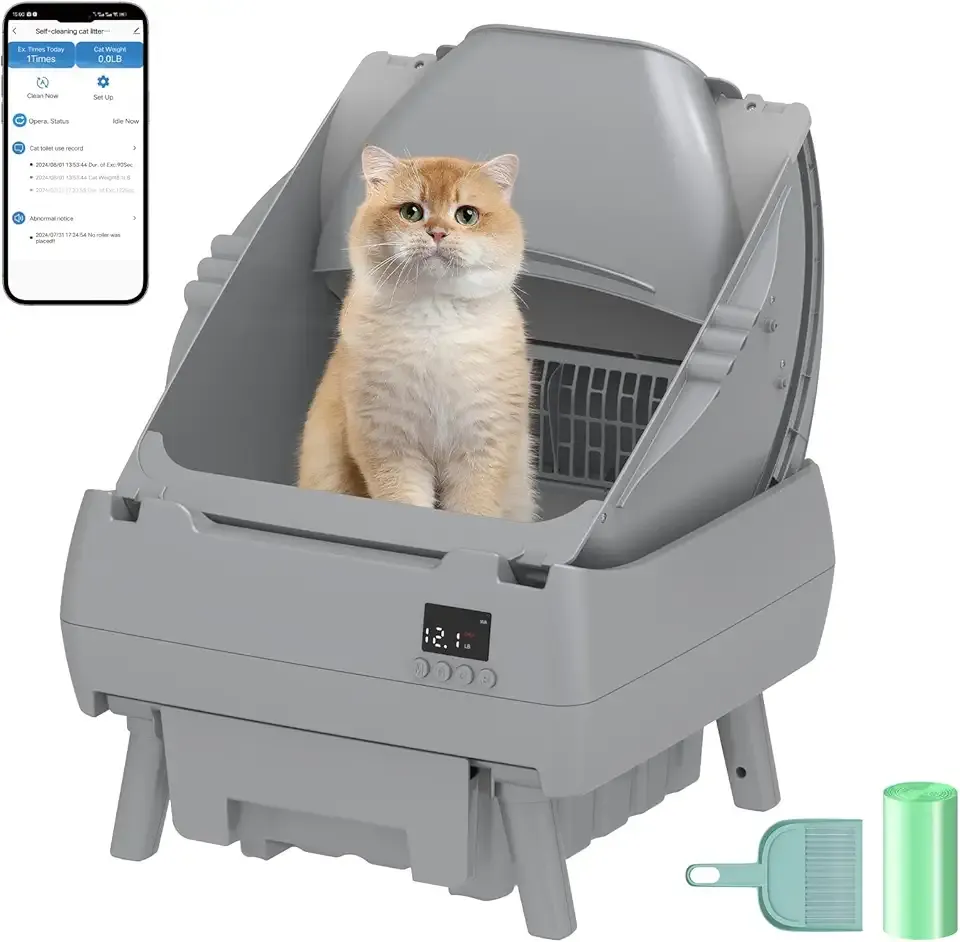 Automatic Cat Litter Box Self Cleaning - APP Control, Open-Style Design, Smart Health Monitor, Suitable for Medium Cats and Kittens, Safe Anti-Pinch, Quiet, A Lifelong Companion - Grey