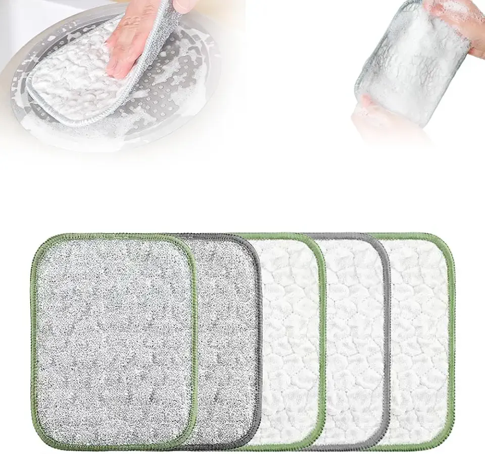 Multipurpose Wire Dishwashing Cloth, 2025 Upgraded Double-Sided Cleaning Cloth, Silver Stainless Steel Cloth and Multi-Layer Cotton Thread, Metal Scrubbing Pads Sponge Cloths for Home Kitchen (5)